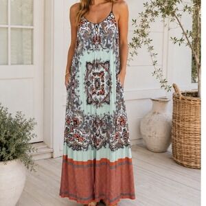 Dream Daily Womens Paisley Maxi Dress Mint Orange Boho Festival Small W4